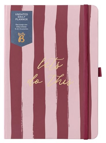 Busy B A5 Day a Page Undated Planner - Stripe Cover | Day-to-page undated planner with daily schedules, notes, to-dos, priorities and elastic closure for flexible planning.