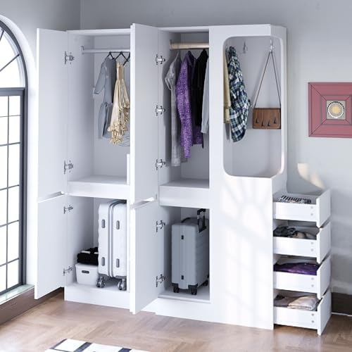 Kebnor Extra großer Kleiderschrank 140 x 40 x 170 cm, mit Schubladen und Staufächern, offener Kleiderbereich mit Stauraum(auf der rechten Seite) (Weiß)