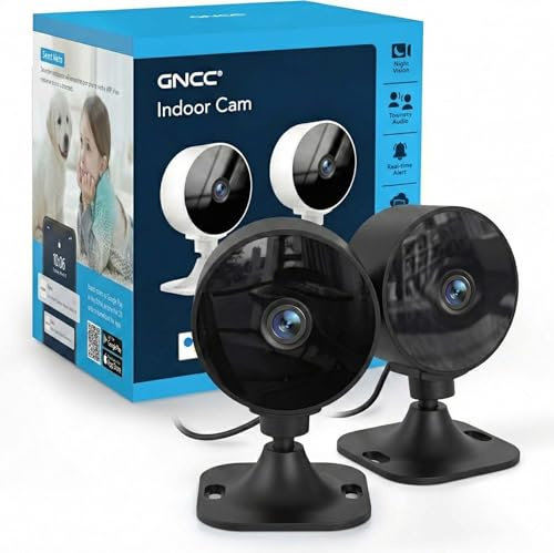 GNCC GC3 2-Pack Security Camera Indoor 1080P, CCTV Cameras for Home/Pet | IR Night Vision, 2 Way Audio, Fixed Lens, Easy Install, Works with Alexa, APP Alert, Plug-in, Cloud Subscription Required