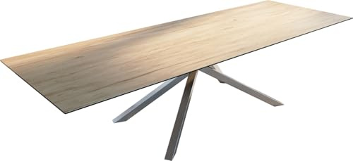 DELIFE Outdoortisch Edge 300x100 cm Keramik Laminam® Sabbia Eichefarbig Kreuzgestell Rechteck Edelstahl