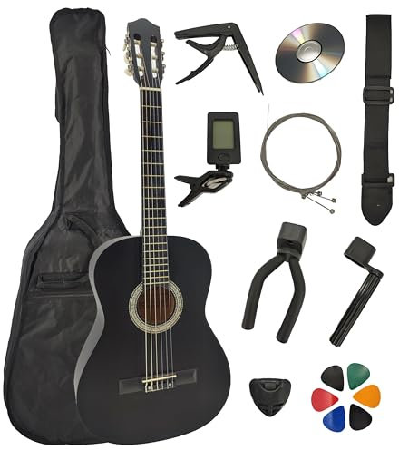 AMBRE Pack Guitare Classique 4/4 (Adulte) + 10 Accessoires (Housse, Support Mural, Accordeur, Sangle, Capodastre, Cordes, 6 Médiators, Boîte, Manivelle) + Cours Vidéo & CD (Noir, 4/4, Droit)