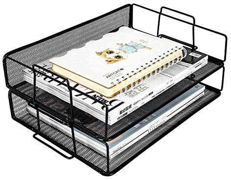 EasyPAG 2 Tier A4 Mesh in Trays Stackable Office Desk Tidy File Holder Magazine Storage Paper Organiser,Black