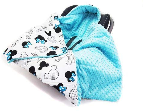 Welt der Träume Doppelseitige Einschlagdecke für Babyschale Autokindersitz Buggy Kinderwagen 90x90cm - universal Baby Decke (z.B. Maxi-Cosi/Cybex/Römer) (Auto Einschlagdecke - Miki Weiss -Minky Blue)