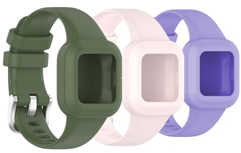 Huwokxix Silikonarmband für Garmin Fit JR 3/vivofit jr 3, Verstellbares Sportarmband, Ersatzband,Austauschband (Grün + Pink + Lila)