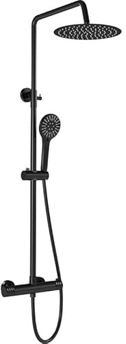 VALAZ Columna Ducha Termostatica Negro Mate | Mezclador Agua Fría y Caliente, Ahorro de Agua | Instalación Fácil y Rápida | Inoxidable, Redonda, Longitud 80-120 cm, Rociador 20 cm, Serie Ebro