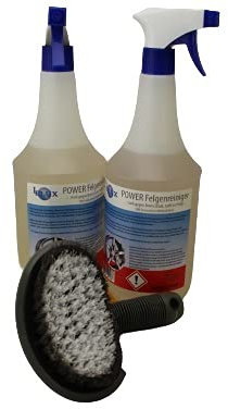 LELUX Power FELGENREINIGER 2X 1L SPRÜHFLASCHE + Reifen & Felgen Bürste Set Felgenreiniger Alufelgen Stahlfelgen Säurefrei Reifen