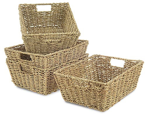 LIVIVO Set of 4 Seagrass Rectangular Hamper Storage Decorative Baskets Natural Shelf Underbed Woven Gift Multipurpose Kitchen Bathroom With Insert Handles- Natural