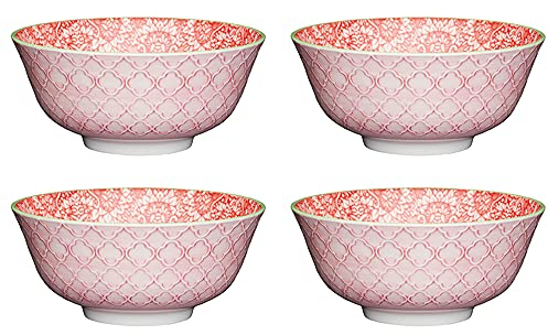 KitchenCraft Footed Vintage-Style Floral-Patterned Ceramic Bowls, 15.5 cm (6) - Red / Pink (Set of 4)