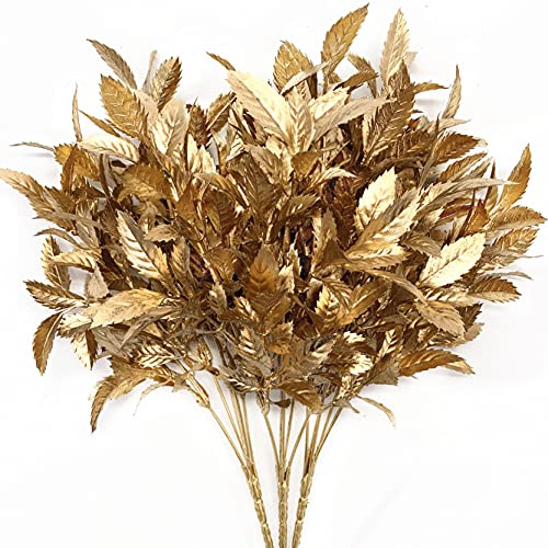 CATTREE Christmas Artificial Plants, Plastic Leaves Fake Grass Faux Shrubs Bushes for Home Indoor Outdoor Garden Leaf Wedding Festival Decoration Hall Table Golden Planter Filler - Gold 3 Pack