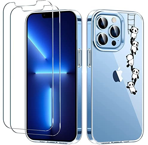 BAOWEI Custodia trasparente compatibile con iPhone 13 Pro, con 2 pellicole protettive in vetro temperato, sottile e morbido silicone TPU trasparente, antiurto, trasparente, con motivo panda