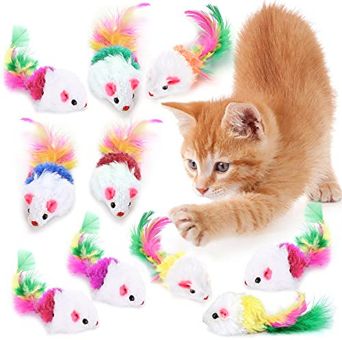 Cat Mouse Toys, 10 Pieces Colorful Feather Catnip Mouse Toys, Interactive Realistic Plush Pets, Cat Hunter Toy for Exercising Cats Playing Chewing Teeth (Random Color)