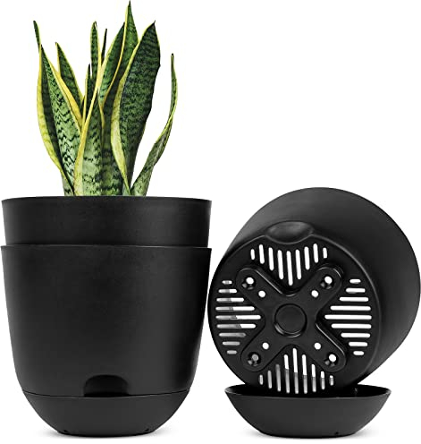 QCQHDU Lot de 3 Pots de Fleurs à arrosage Automatique de 20,3 cm avec Soucoupe Profonde pour intérieur et extérieur - Noir…