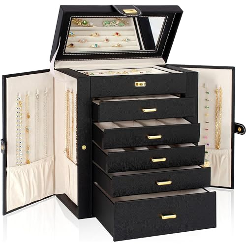 AKOZLIN Große Schmuckschatulle, Organizer, funktional, mit großem Spiegel, Leder-Schmuck-Aufbewahrungsbox für Frauen und Mädchen, Ring-, Halsketten-, Ohrring-, Armband-Halter, Organizer