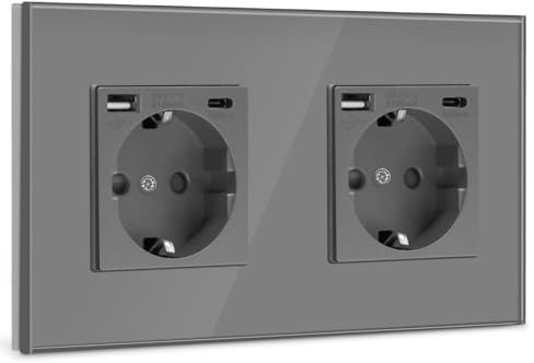 BSEED USB Steckdose Doppel Grau Schuko Steckdose mit USB Anschluss (Max. 2.1A) Typ C Port Unterputz Steckdose Glas Schutzkontakt-Steckdose Ladegerät für Handys, Laptops etc