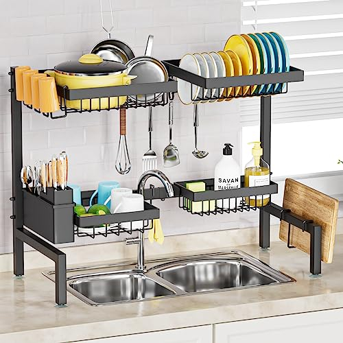 SNSLXH Égouttoir à Vaisselle à 2 Niveaux 4 Paniers pour Évier, 63 à 90,9 cm, pour Cuisine et Usage Familial, Au-Dessus de l'Évier