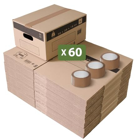 Pack and Move - Lot 60 cartons déménagement stockage S - 36 x 28 x 18 cm - Poignées renforcées - 3 adhésifs offerts