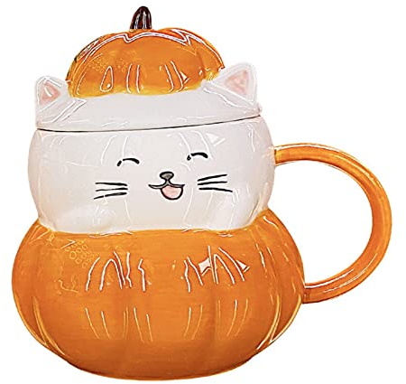 FNSK Kürbis-Keramikbecher, Süße Katzensuppenschüssel Und Müslibecher Mit Deckel, Keramikbecher, Halloween-Kürbisbecher, Jumbo-Becher, Frühstücksbecher, Milchbecher (Capacity : 330ml)