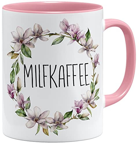 OM3® Taza de cerámica con texto en alemán Milfkaffee, 325 ml, impresión por ambos lados, rosa