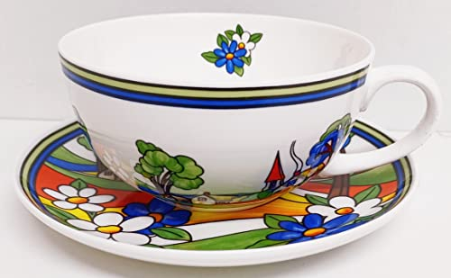 Rainbow Decors Village Art Deco Cup & Saucer Fine Bone China 300 ml Exclusive Countryside Scene Cappuccino Set