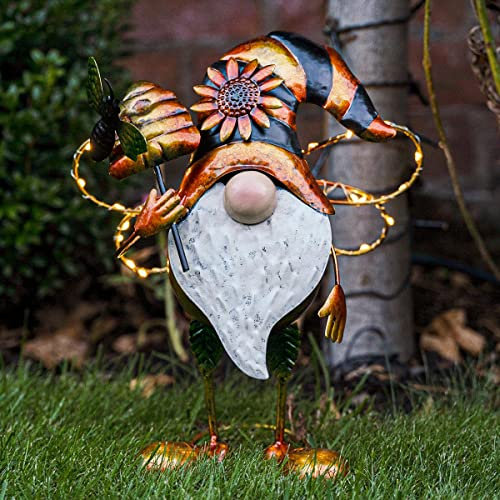 Festive Lights - 30cm Solar Gary the Gonk Outdoor Figure Light - Bee Inspired Metal Garden Decoration with 40 Warm White LEDs, Sunflower Hat & Beehive Wand - IP44 Weatherproof, Auto Sensor Lighting
