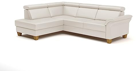 CAVADORE Leder-Eckcouch Ammerland mit Ottomane / Landhaus-Sofa mit Federkern + Kopfteilverstellung / 245 x 84 x 194 / Leder Weiß
