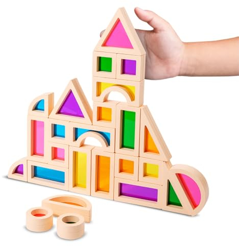 Childlike Behavior Bausteine Holz-Acryl Montessori Spielzeug - Regenbogen Holzbauklötze 25-er Set mit 8 Formen und bunten Farben zur Förderung der Form- und Farberkennung - bauklötze