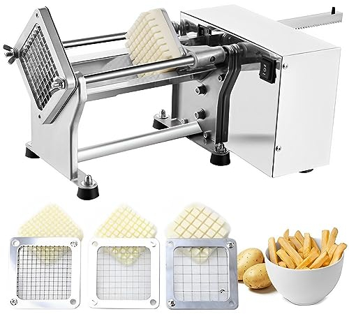 QUTBAG Electric French Fry Cutter, Commercial Automatic Potato Cutter with 3 Sizes of Replaceable Blades, Stainless Steel Vegetable Chopper for Potatoes Carrots Cucumbers