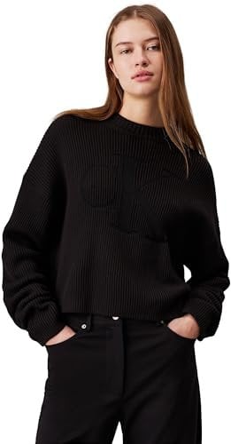 Calvin Klein Jeans Donna Pullover Logo Regular Sweater Pullover in Maglia, Nero (CK Black), L