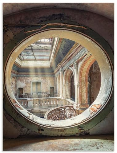 ARTland Wanddeko Wandbild Alu Verbundplatte für Innen & Outdoor Bild 60x80 cm Architektur Ruinen Treppe Bullauge Fenster Ornamente Licht Lost Places U4YD