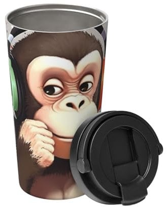 KHiry Insulated Coffee Mug with Lid Music Monkey Travel Mug Stainless Steel Tumbler Cup for Travel Double-Wall Coffee Cup for Office Coffee Tumbler Cup for Keep Hot/Ice Coffee Tea and Beer