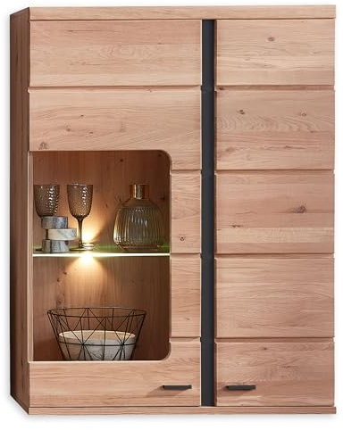 Stella Trading Hängevitrine in Altesche massiv, Old Artisan Oak Optik FSC-Zertifiziert - Moderner Hängeschrank mit LED-Beleuchtung und viel Stauraum - 90 x 120 x 38 cm (B/H/T)