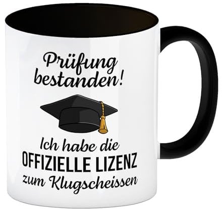 Doktorhut Prüfung bestanden Kaffeebecher in schwarz mit Spruch Lizenz zum Klugscheißen Klugscheißer Schlaumeier Tasse Perfekt für Abitur Abschluss Schule Essen am Esstisch