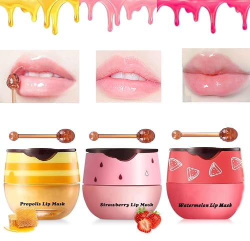 TITIMORE 3Pcs Bee Balm Lip Balm Honey Pot Strawberry Lip Mask Propolis Moisturizing Lip Sleeping Mask Reduces Lip Lines,Hydrating Prevention Dry and Cracked Lip Scrubs Exfoliator Honeybalm