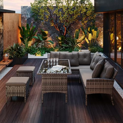 ZYLOYAL10 Poly Rattan Sitzgruppe Esstisch Lounge Gartenmöbel Sitzgarnitur Garten-Garnitur Set, mit Sofa, Tisch, Hocker & Kissen, Abnehmbarer und waschbarer Stoffbezug (Grau)