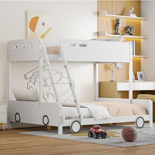 ZYLOYAL10 Etagen-Kinderbett aus Holz, oberes Bett 90 * 200cm, unteres Bett 140 * 200cm, Kinder-Familienbett, Etagenbett, Massivholzrahmen, Autoform (Weiß)