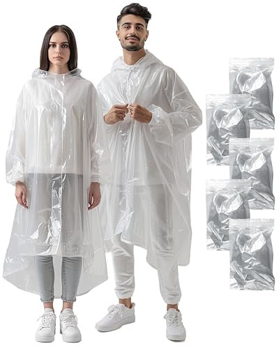 ADRIANO PORCARO® Lot de 5 ponchos de pluie jetables pour adultes - Accessoires de festival - Poncho de pluie jetable, Transparent, Einheitsgröße Große Größen Extra Tall