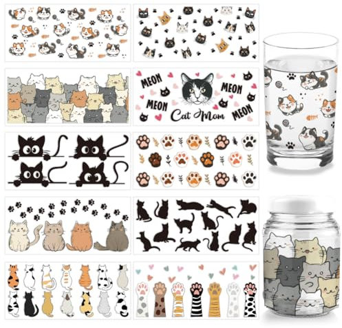 arricraft 10 Blatt UV DTF Cup Wrap Transferaufkleber Für Glas 10 Stile Piepsende Katze Abziehbild Zum Aufreiben Für 16 Unzen Glasbecher Möbel Basteln Holz DIY Basteln