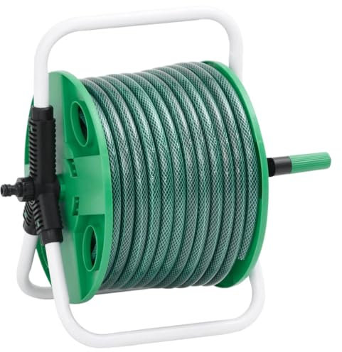 vidaXL Schlauchtrommel, Schlauchaufroller Freistehend mit 50 m Schlauch, Gartenschlauch mit Anschluss-Set, Wasserschlauchtrommel, Grün PVC