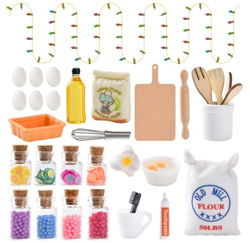 32 Stück Mini Puppenhaus Zubehör,Wichtel Zubehör Weihnachten,Wichtelzubehör Weihnachtswichtel Zubehör,Miniatur Wichtel Zubehör,Mini Puppenhaus Küche Backen Set,Weihnachten Deko