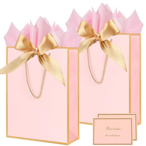Gift Bags for Presents, 2 Pack Medium Paper Bags with Bow Ribbon Tissue Paper Cards Thank You Gift Bag with Handles for Christmas Holiday Birthday Shopping Bags(Pink,Gold)