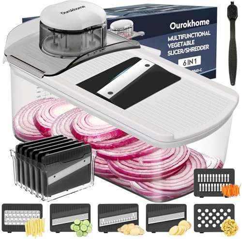 Ourokhome Mandolin Vegetable Slicer, Multifunctional Veggie Slicer Shredder with Container, Wave Cutter for Potato, Carrot, Zucchini, Onion, Essential Kitchen Gadgets (6 in 1, White)