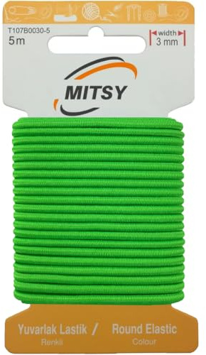 MITSY Reißfeste Rund Gummiband Gummikordel zum Nähen 3 mm 5 m Neongrün | Starkes Rundgummi, Elastisch & Reißfest, Gummibänder, Gummilitze für Handarbeit, Hosengummi, Basteln & DIY
