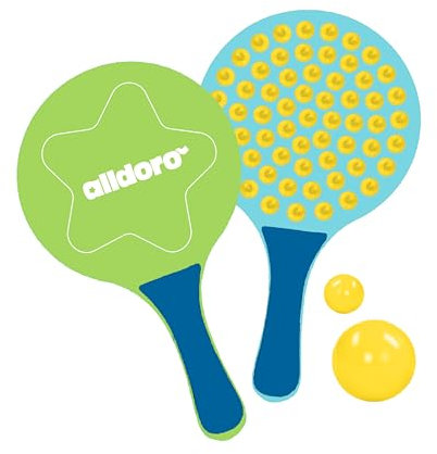 alldoro 60070 Stick & Play Juego de Raquetas de 4 Piezas, 2 Pelotas, 2 Raquetas con Lado de Ventosa, para 2 Modos de Juego, niños a Partir de 3 años, 20 x 35 cm, Multicolor