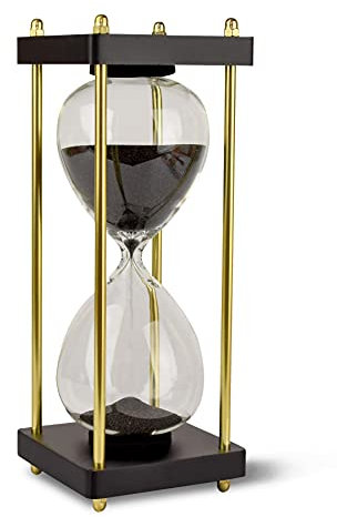 LIVONDO 30 minute timer - elegant hourglass with glass body and gold-black frame, decorative with fine black shimmering sand, ideal for relaxation and meditation