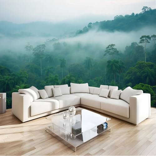 Seidenstoff Tapeten Wandtapete, Tropen Landschaft, Regenwald Morgennebel Muster 3D Wandbild Wohnzimmer Wanddekoration Fototapete, 3D Tapete Effekt 250x175cm (B×H) Groß Muster