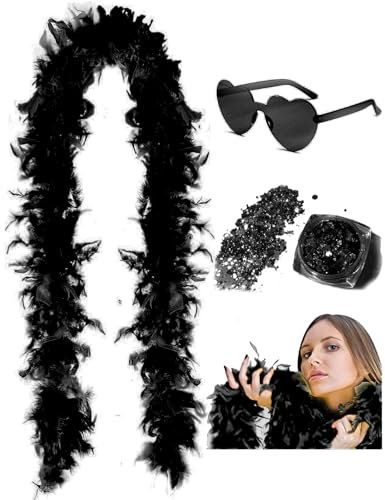 45g 2 Yard Federboa mit Glitzer und Herz-Sonnenbrille für Frauen und Teenager-Mädchen Junggesellinnenabschied Party Halloween Kostüm (Schwarz)