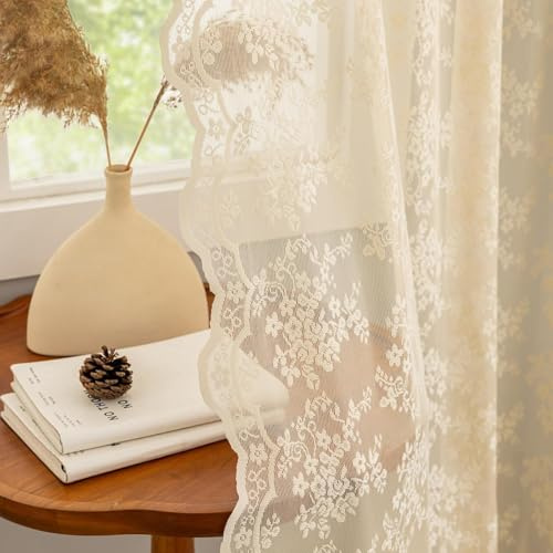 YJ YANJUN Beige Netzvorhänge, Shabby-Chic-Stil, Blumenmuster, durchscheinende Spitzen-Vorhänge für Schlafzimmer, kurzes Fenster, gewellte Kanten, Voile, Vorhangstangentasche, 132 x 137 cm, Beige