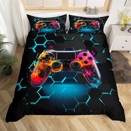 RZPFQB Gamer Console Manette Housse de Couette 1 Personne 140 x 200 cm Console de Jeux Honeycomb Parure de Lit en Microfibre pour Enfant GarçOn Fille Ado Jeu Vidéo Ensemble de lit