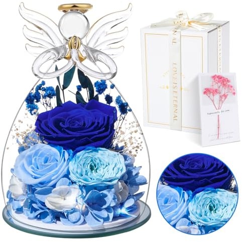 Touloube Ewige Blau Rose Geschenke | Ewige Rose in Engel Glaskuppel mit Einer wunderschönen Geschenkbox | Konservierte Blumen Handgemachte Infinity Rose für Frauen Freundin Mutter