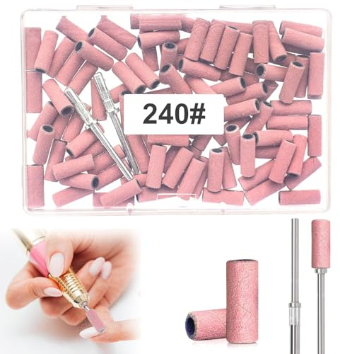SHYSBV 100 Stück Schleifkappen Nagelfräser, 3mm 240 Grit Schleifhülsen Nagelfräser Rosa Kleine Nagel Schleifbänder mit 2 Nagelfräser Bits für Gelnägel, Nageldesign, Nagelkunst